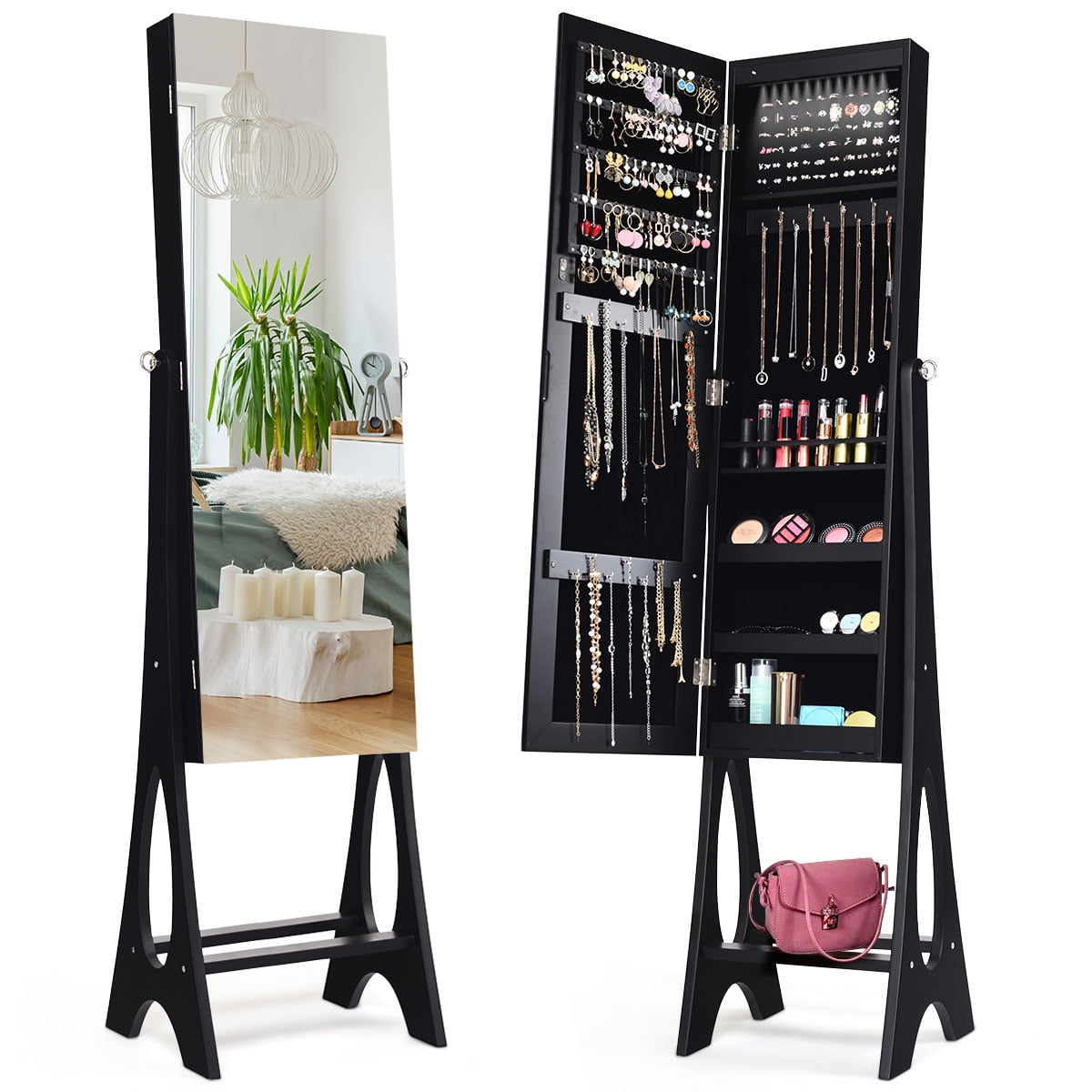 Walmart sales :  Costway LED Jewelry Armoire Storage Box Bevel Edge Mirrored Standing Black