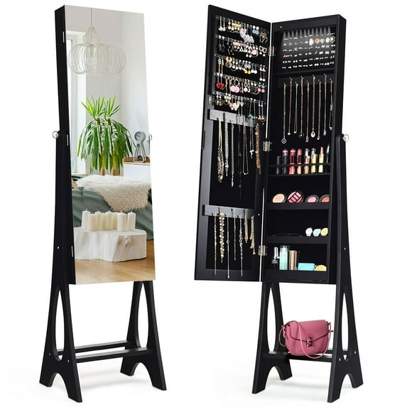 Costway LED Jewelry Cabinet Organizer Bevel Edge Mirrored Standing Black