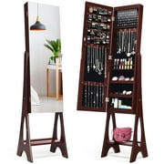 Costway LED Jewelry Cabinet Organizer Bevel Edge Mirrored Standing Brown