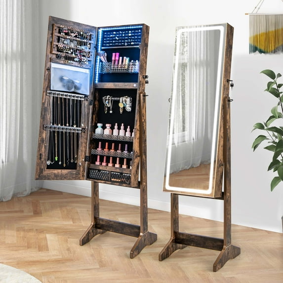 Costway LED Mirror Jewelry Cabinet Organizer Armoire Standing with Built-in 3 Color Light