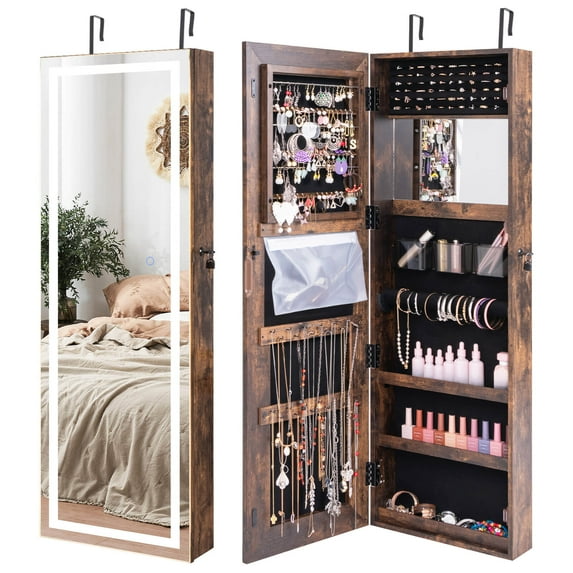 Costway LED Mirror Jewelry Cabinet Wall/Door Mounted 47" Armoire 3 Color Coffee
