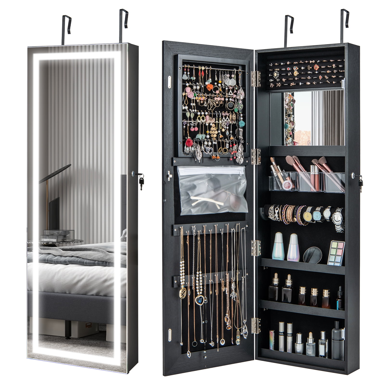 Costway Full-Length LED Mirror Jewelry Cabinet, Wall/Door Mounted