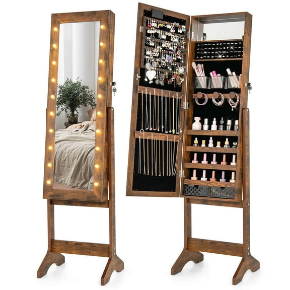 Costway LED Mirror Jewelry Cabinet with 20 LED Lights Full-Length Mirror Adjustable Angles Brown