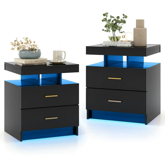 Costway LED Nightstand Set of 2 with 2 Storage Drawers Adjustable Light Mode Remote Control