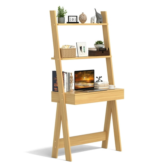 Costway Ladder Shelf Desk Bookcase w/Countertop, Drawer & 2 Shelves Bookshelf Natural