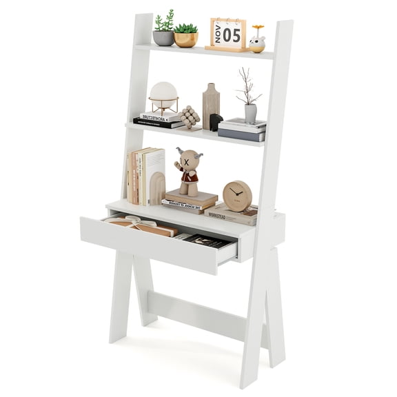 Costway Home Office Ladder Desk Wall-Leaning Laptop Workstation with Storage Shelves White