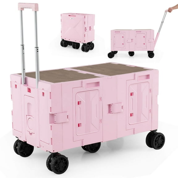 Costway Large Foldable Utility Cart with 2-Tier Storage Crates 5 Rotate Wheels Metal Pink