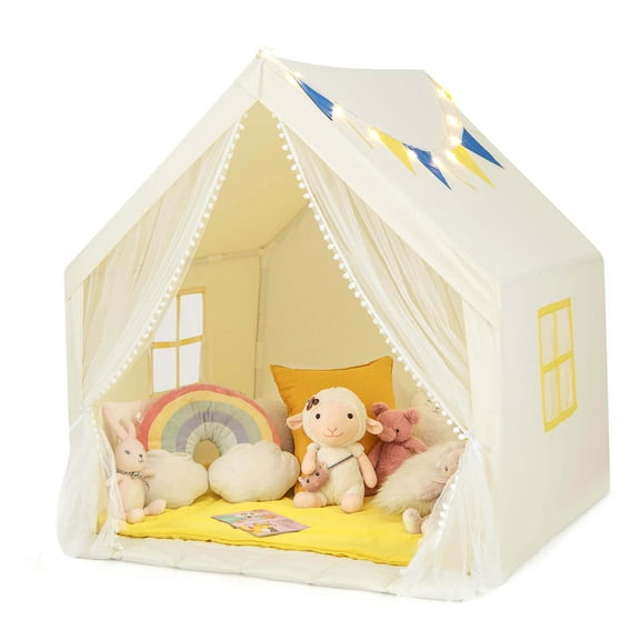 Costway Large Kids Playhouse Tent with Washable Cotton Mat & Star Lights, Beige, 48 x 42 x 50