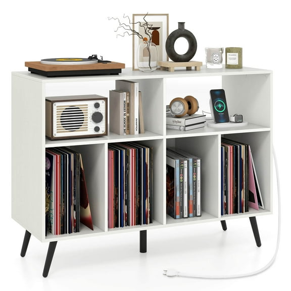 Costway Large Record Player Stand Cabinet with Built-in Power Outlet Open Shelves