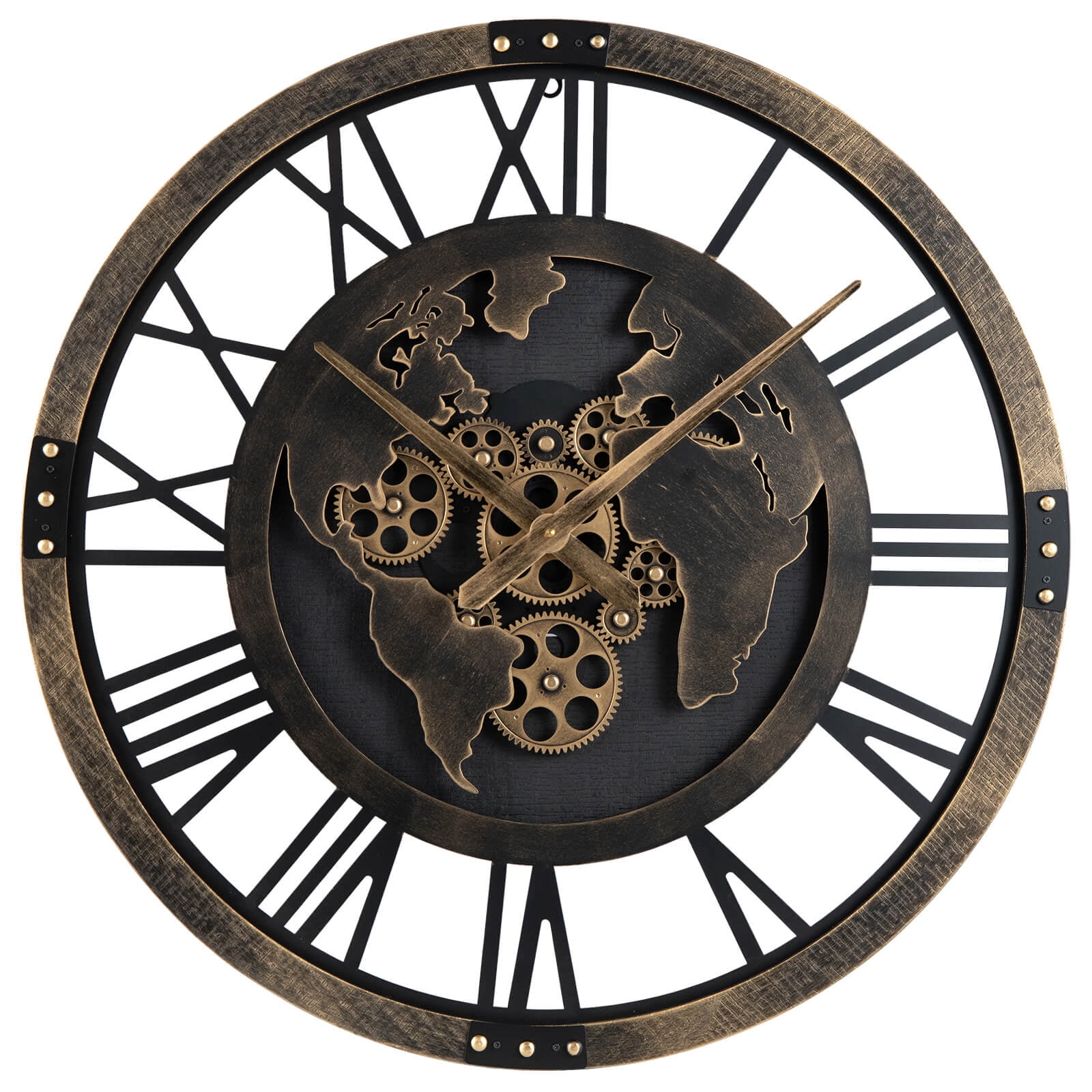 Costway Large Wall Clock, 27” Gear Clock with World Map, Non-Ticking Decorative Metal Clock