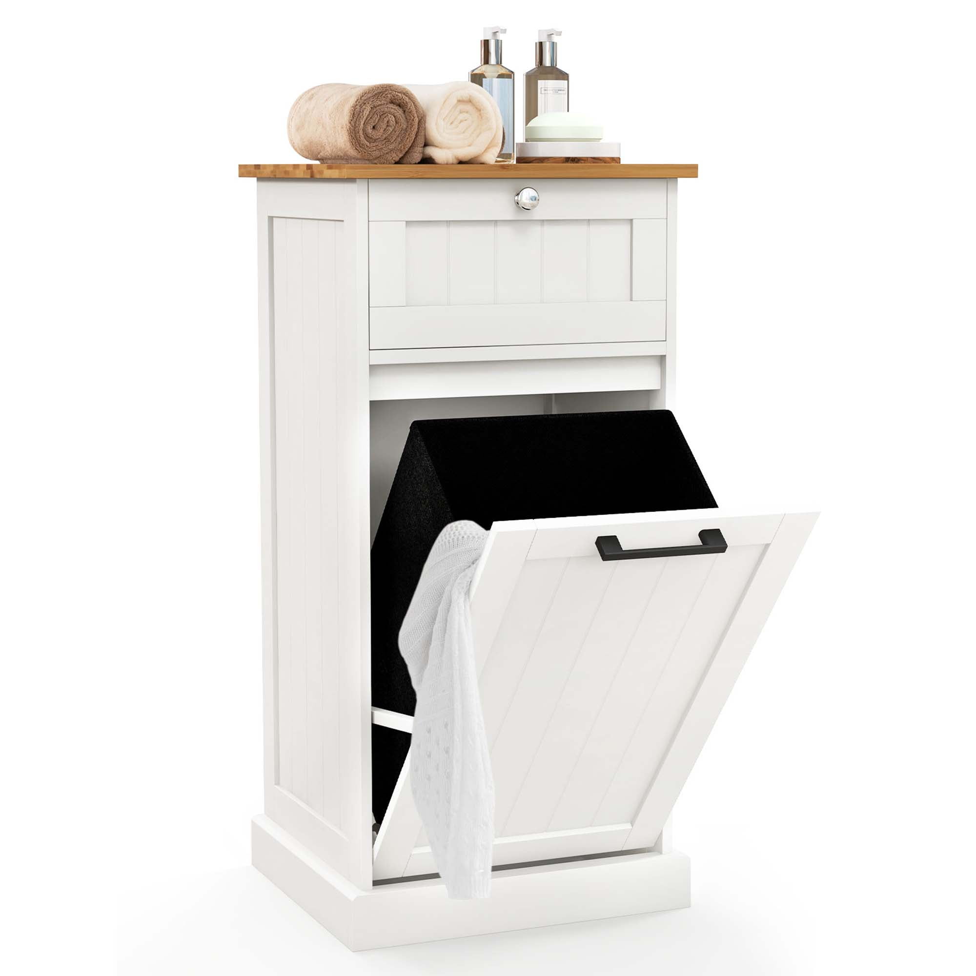 Costway Bathroom Freestanding Storage with Bamboo Top, Tilt Out