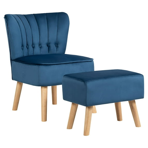 Costway Leisure Chair and Ottoman Thick Padded Button Tufted Sofa Set w/ Wood Legs Blue