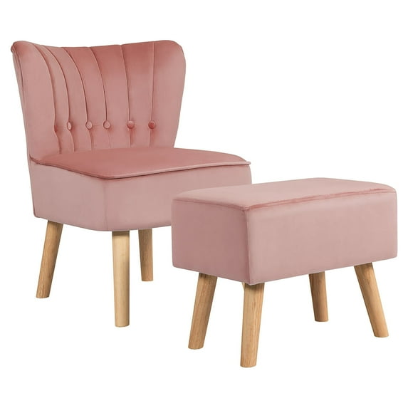 Costway Leisure Chair and Ottoman Thick Padded Button Tufted Sofa Set w/ Wood Legs Pink