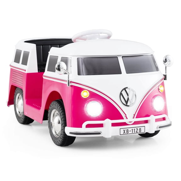 Costway 12V Licensed Volkswagen Ride-on Bus with Cup Holder, LED Headlights, Music & Horn Pink