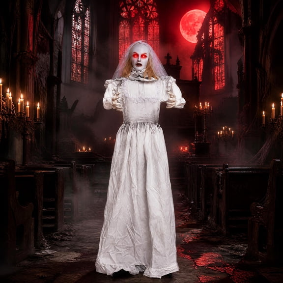 Costway Life-size Bride-to-Hag Halloween Animatronics with Glowing Eyes, Creepy Sounds White