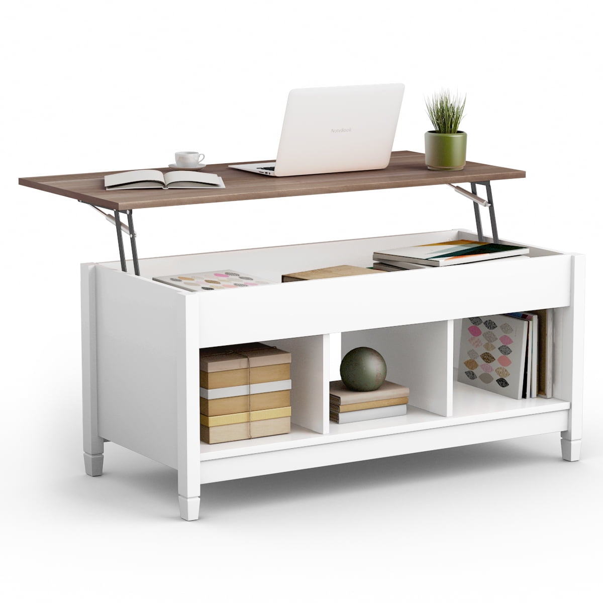 Contemporary White and Brown Rectangular Lift-Top Coffee Table with Storage
