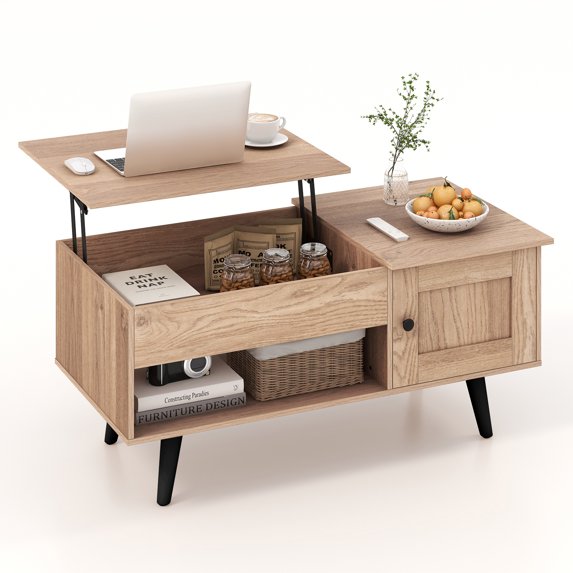 Costway Lift Top Coffee Table with Storage Hidden Compartment Cabinet & Open Shelf Natural