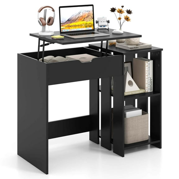 Costway Lift Top Computer Desk Standing Desk with Hidden Compartments & Storage Shelves