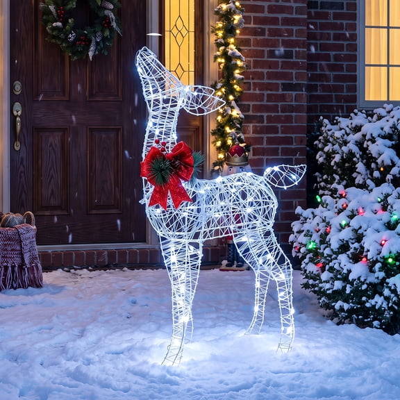Costway Lighted Christmas Deer Decorations with 50 Cold White LED Lights, Ground Stakes White