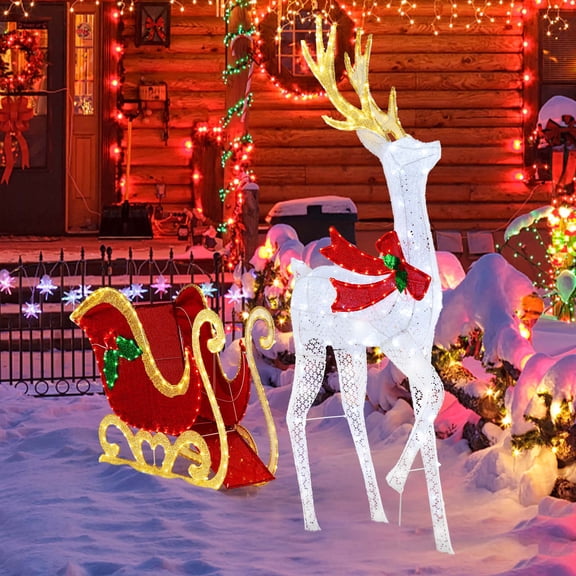 Costway Lighted Christmas Reindeer & Sleigh Set Light-up Xmas Decorations with 462 LED Lights