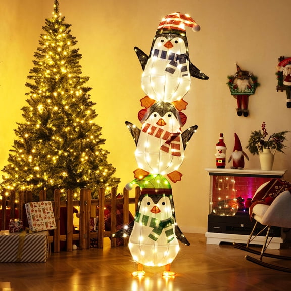 Costway Lighted Penguins Decoration Set of 3 with 156 Warm White Lights Cute Hats & Scarves