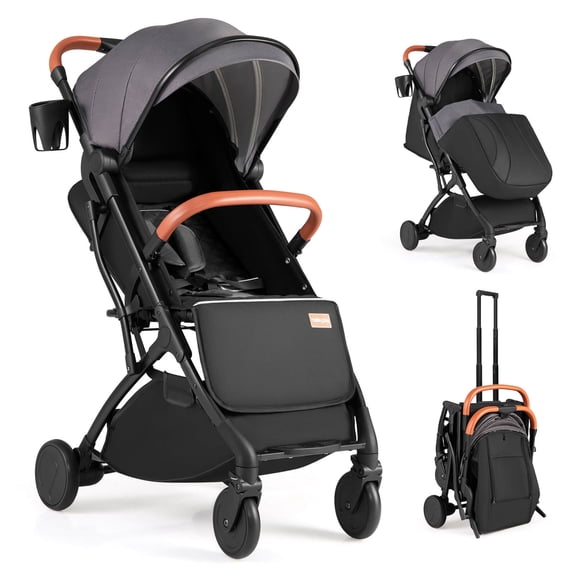 Costway Lightweight Baby Stroller with One-Hand Folding, Extendable Canopy, Storage Baske Gray