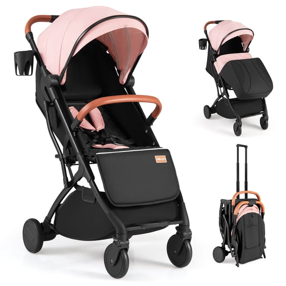 Costway Lightweight Baby Stroller with One-Hand Folding, Extendable Canopy, Storage Baske Pink