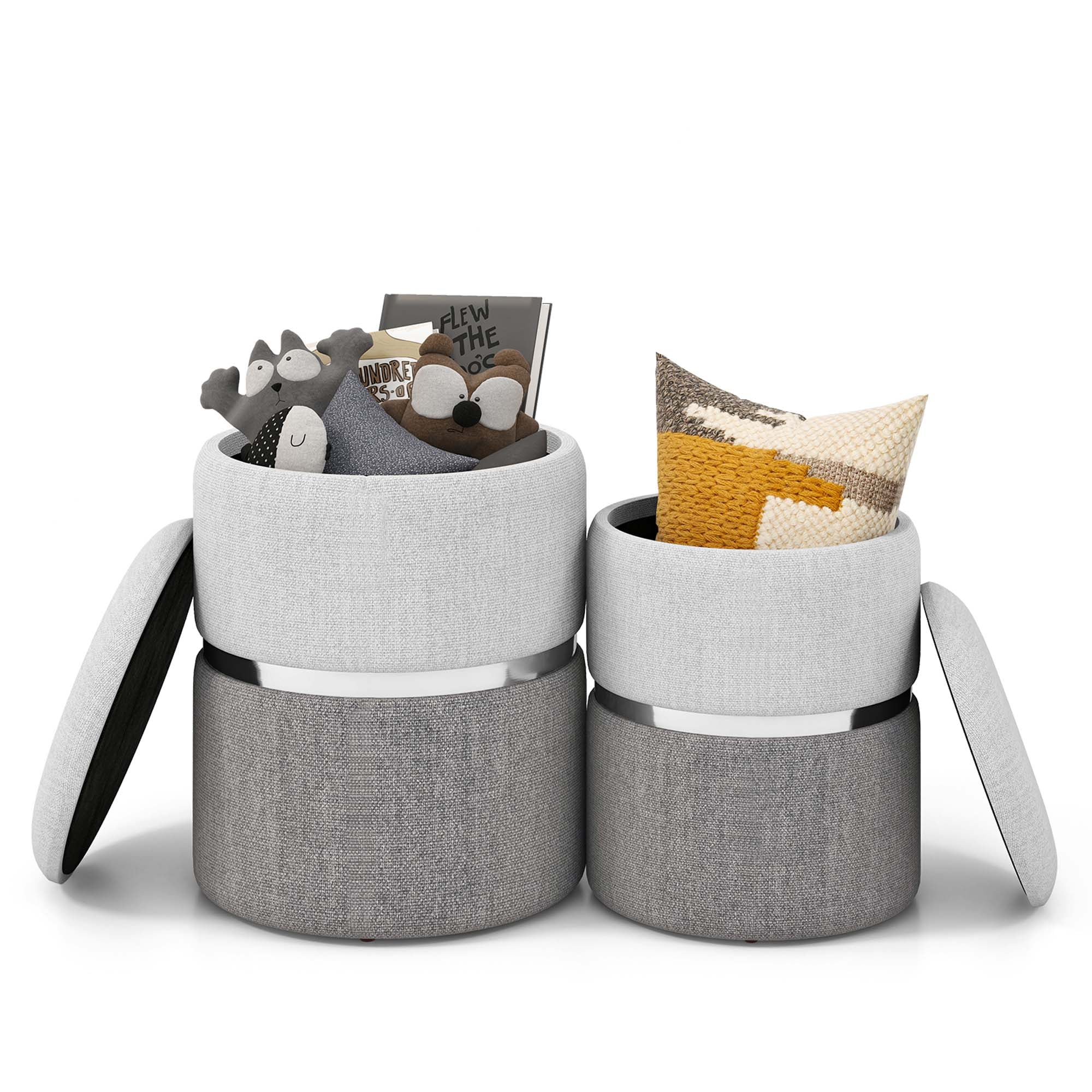 Image showcasing Costway Linen Fabric Storage Ottoman Set of 2 Modern Round Ottoman with ...