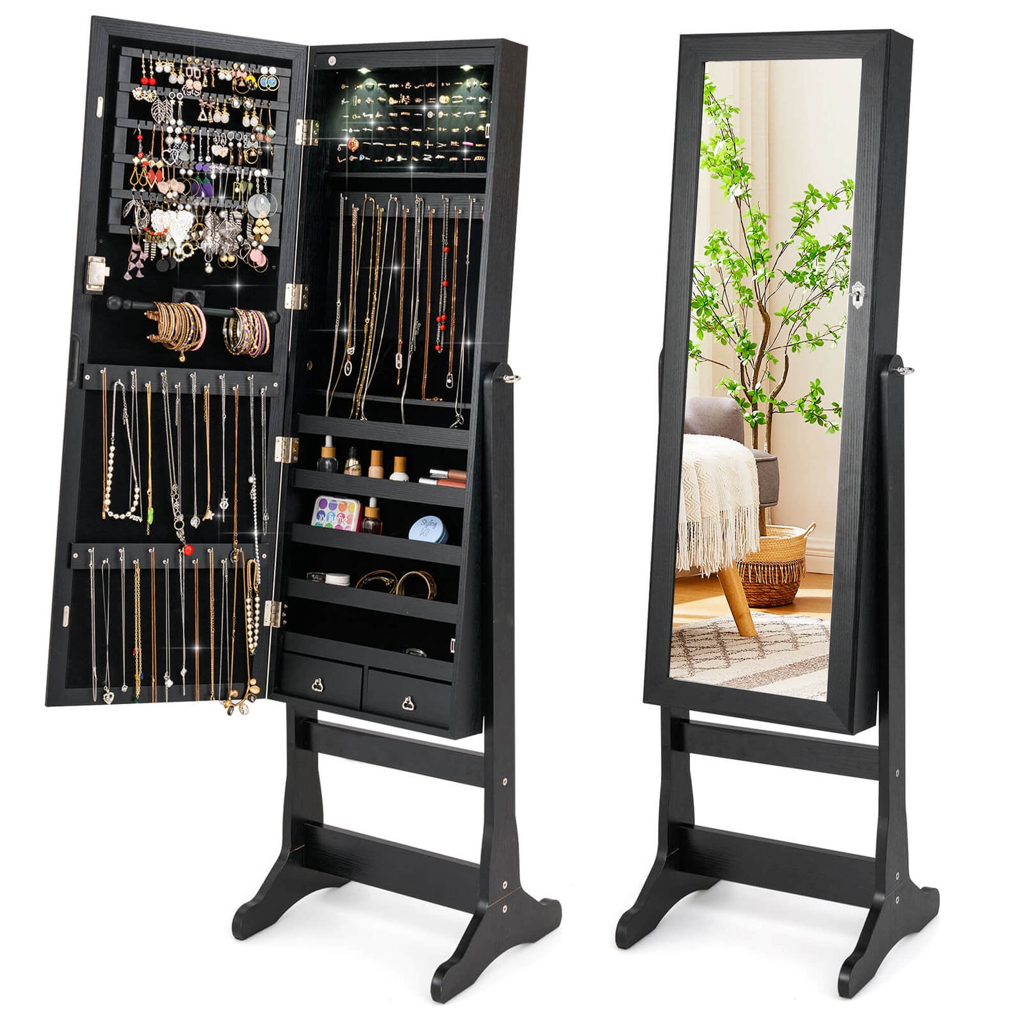 Costway Lockable Mirrored Jewelry Cabinet Armoire Organizer Storage
