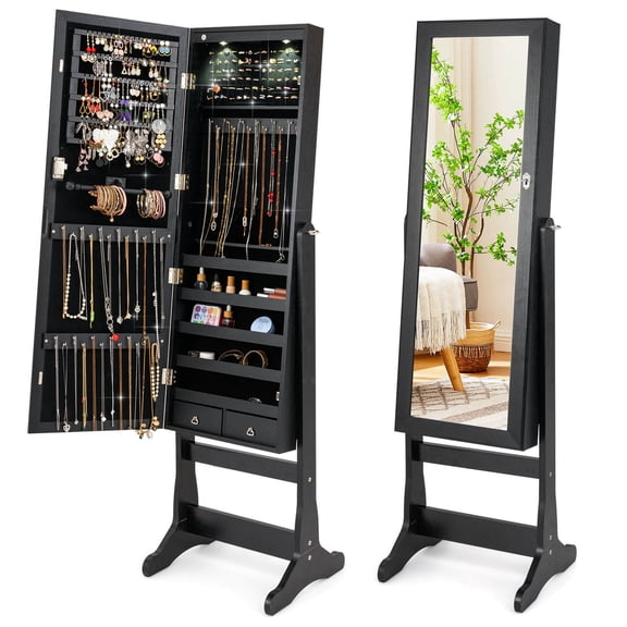 Costway Lockable Mirrored Jewelry Cabinet Armoire Organizer Storage with Stand & LED Lights Black