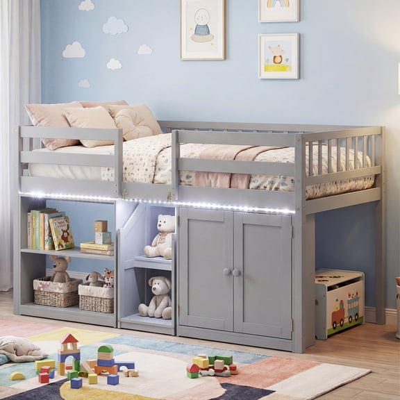 Costway Low Loft Bed with LED Light, Stairs & Guardrails, Modern Wood Kids Twin Bed Gray