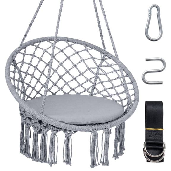 Costway Macrame Swing Chair, Hammock Chair with Round Seat Cushion, Sturdy Metal Rings Gray