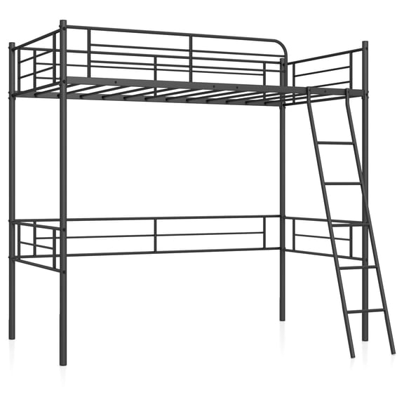 Costway Metal Loft Twin Bed Frame Single Twin Size High Loft Bed W/ Ladder & Guard Rail