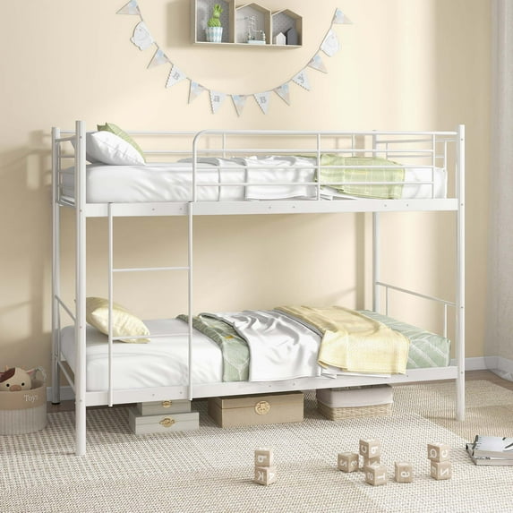 Costway Metal Twin Over Twin Bunk Bed with Built-in Ladder Safety Guardrail White
