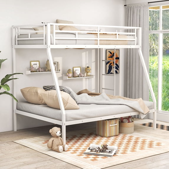 Costway metal twin over full bunk bed with ladder and guardrail in white, 77.5in x 59in x 71in