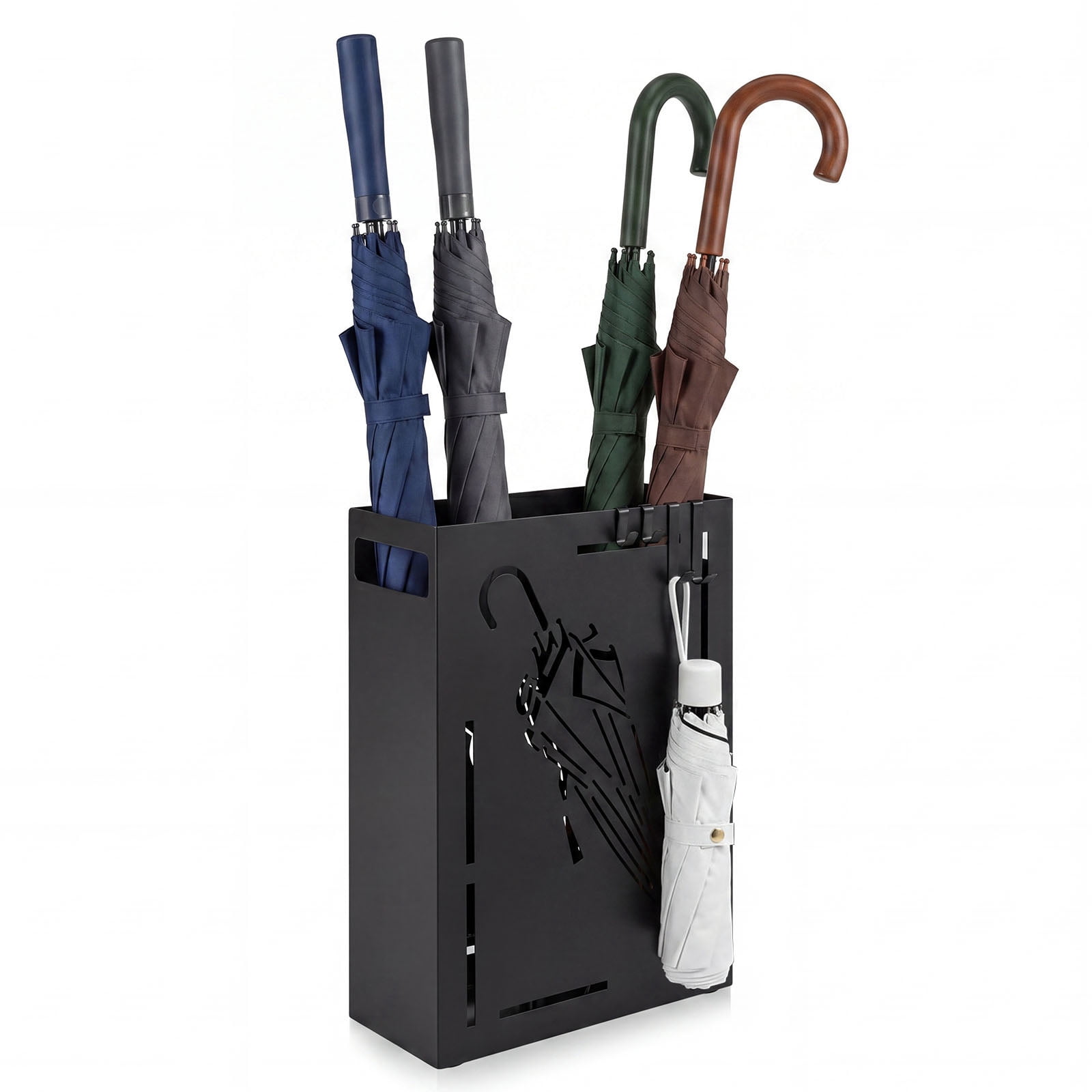 Costway Metal Umbrella Stand with Removable Drip Tray and 4 Hanging Hooks,Cutout Design
