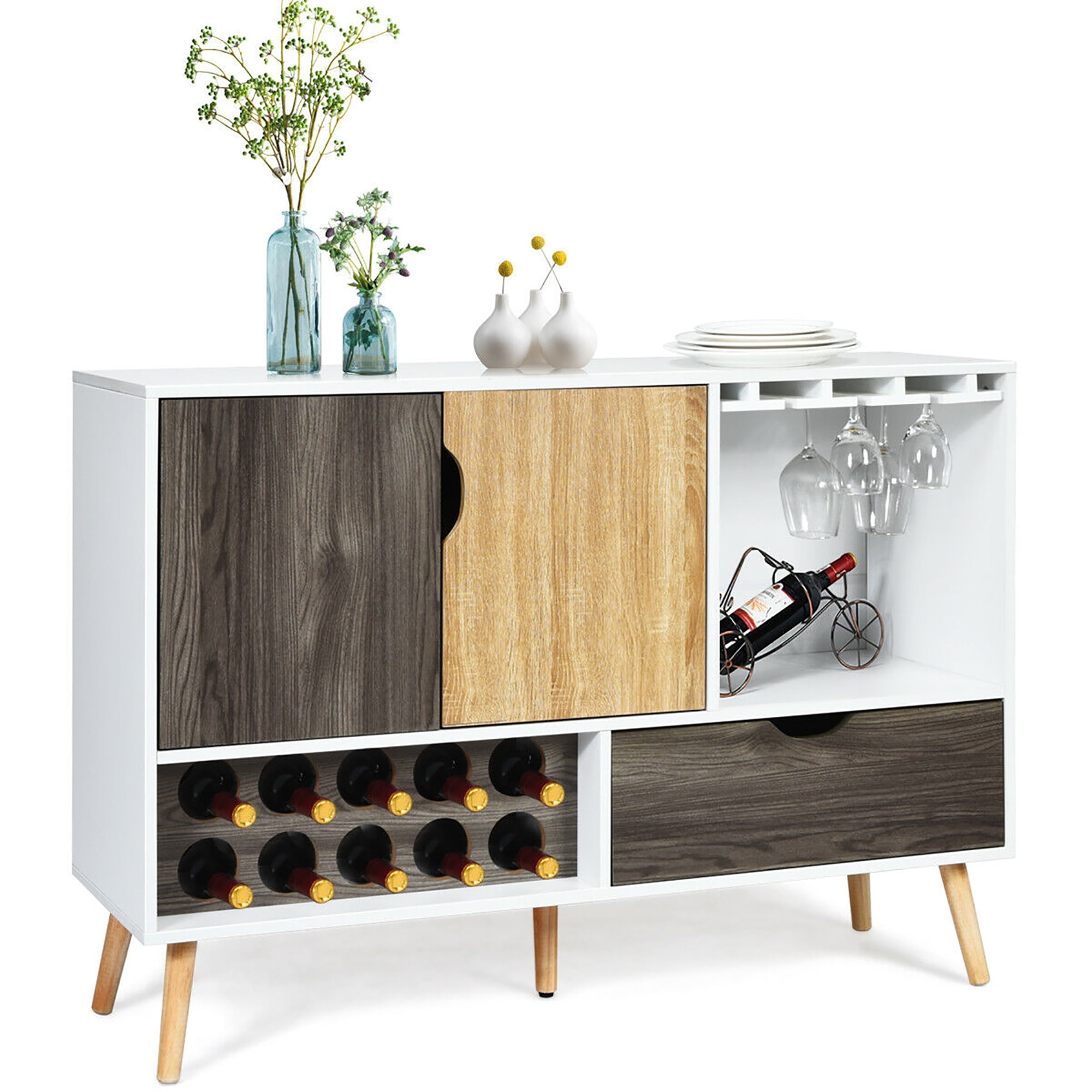 Mid-Century White and Brown Wooden Buffet Sideboard with Wine Rack