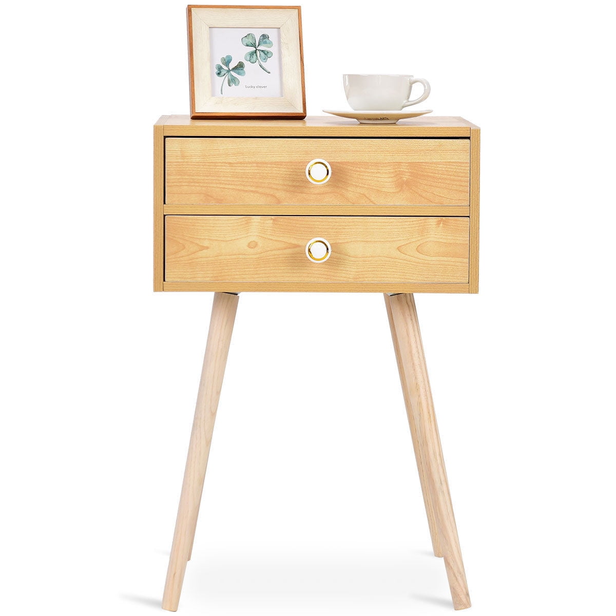 Costway Mid Century Modern 2 Drawers Nightstand In Natural Sofa Side Table End Table Yellow