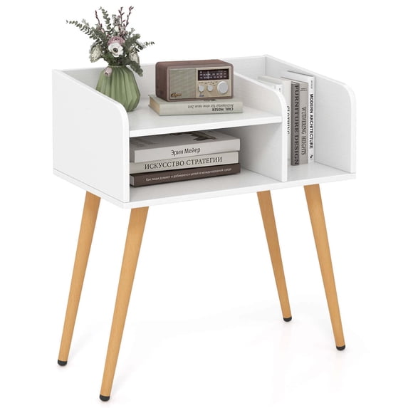Costway Mid Century Modern End Table with Open Shelves Metal Support Legs for Bedroom White
