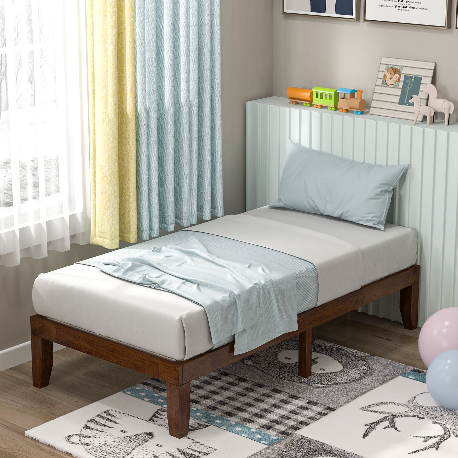 Twin Brown Cherry Wood Platform Bed Frame with Headboard