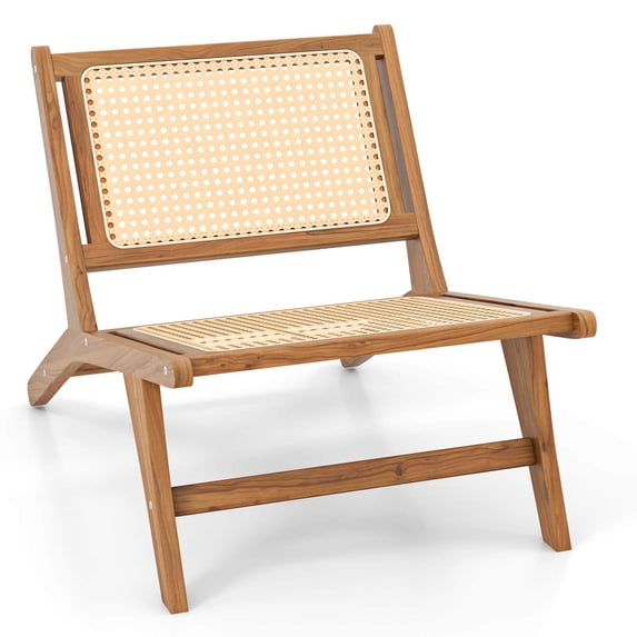 Costway 1 PCS Mid Century Modern Teak Wooden Chair with Handwoven Rattan Seat & Backrest