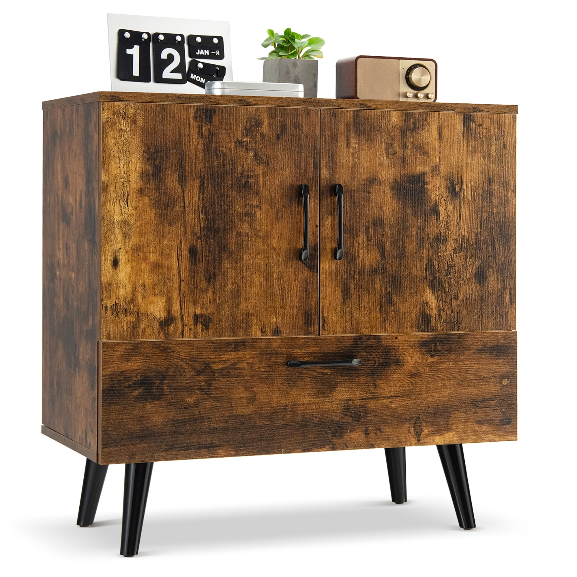 Rustic Brown Mid-Century Modern Freestanding Storage Cabinet with Drawer