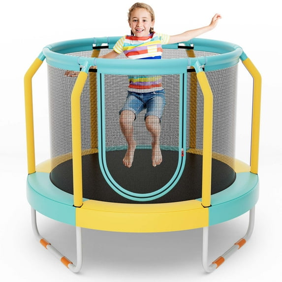 Costway Mini Trampoline with Enclosure for Kids, Blue/Yellow, 48.00" x 48.00" x 39.50"