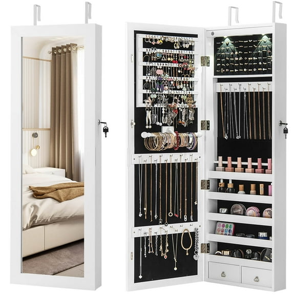 Costway Mirror Jewelry Cabinet with Full Length Clear Mirror & Internal LED Lights Hooks