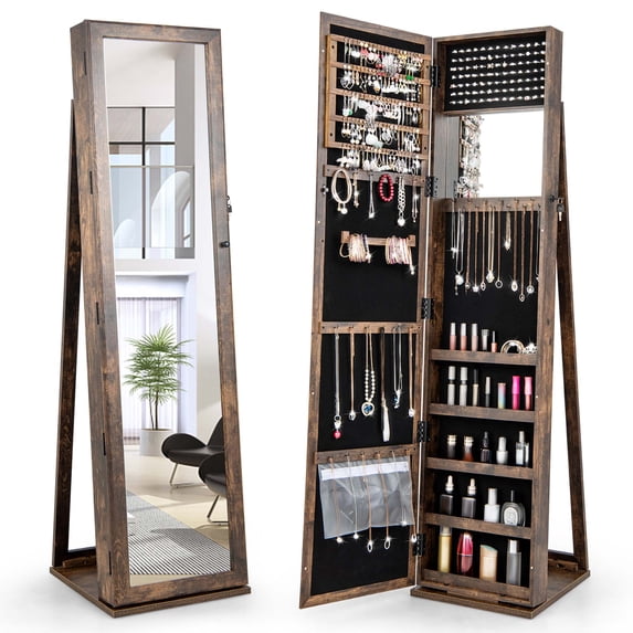 Costway Mirrored Jewelry Cabinet Armoire Lockable Standing Storage Organizer with Shelf Brown