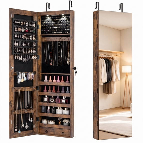 Costway Mirrored Jewelry Cabinet Jewelry Organizer w/2 LED Lights Rustic Brown