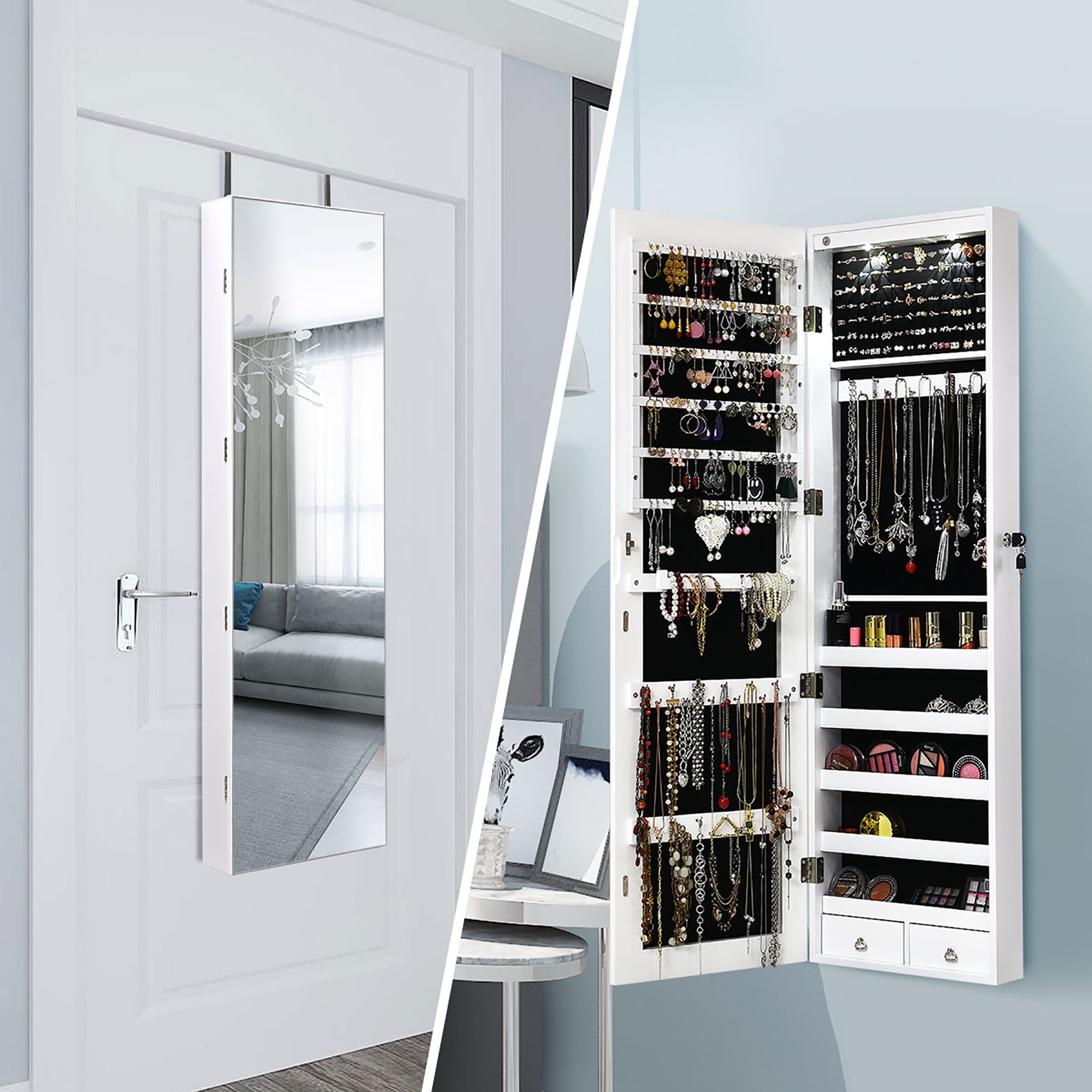 Elegant White Wall-Mounted Mirrored Jewelry Cabinet with LED Lights