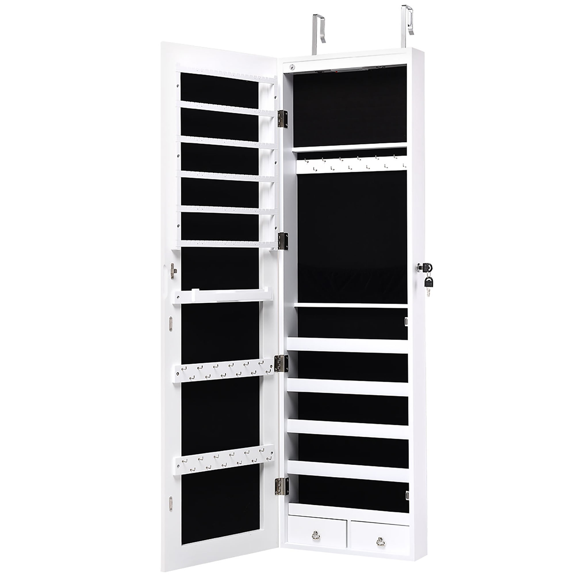 Elegant White Wall-Mounted Mirrored Jewelry Cabinet with LED Lights