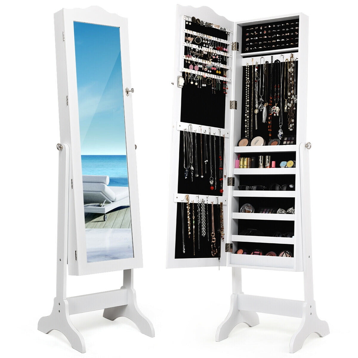 White MDF Full-Length Mirror Jewelry Cabinet Organizer