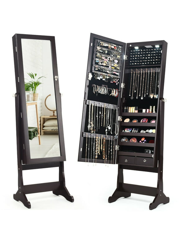 Costway Mirrored Jewelry Cabinet Organizer Storage Stand w/LED Lights Clearance